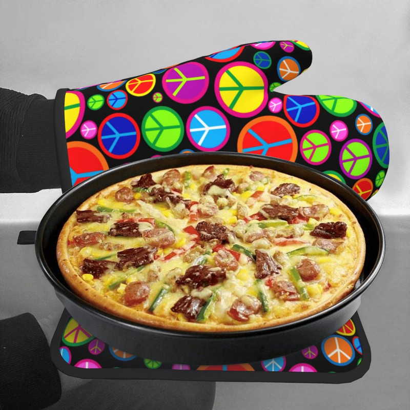 Miera simboli 2gab. Mitt Hot Pad Cool Krāsains Groovy Hot Oven Bowl Virtuves cimdi Barbekjū Anti Heat Cepeškrāsns dūraiņu komplekts