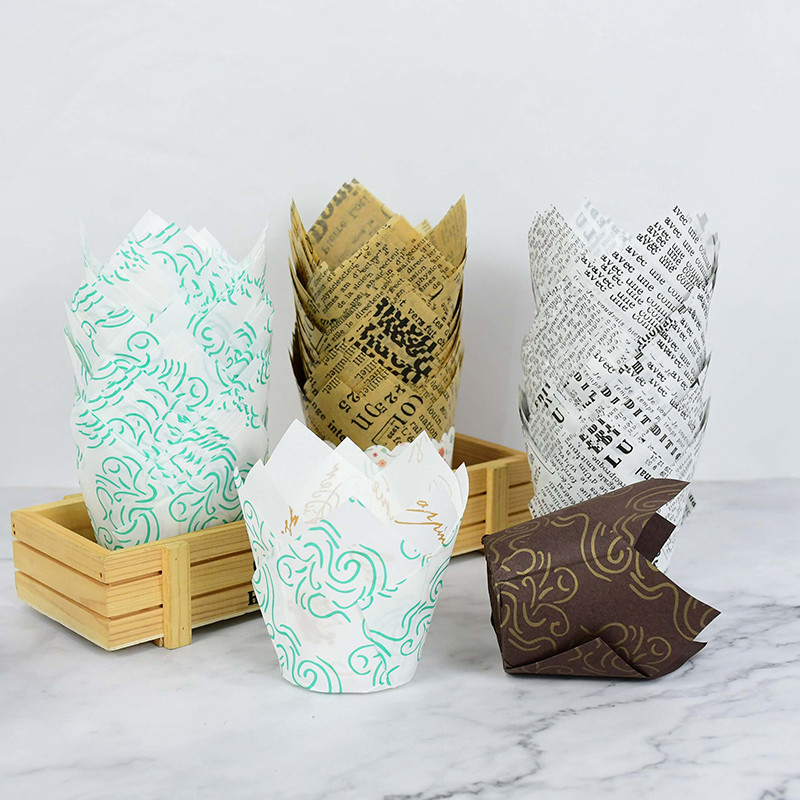 50gab Avīzes stila cupcake laineris cepšanas krūze kāzu ballītei kasetes Tulpju mafinu kēksu papīra glāze Eļļas necaurlaidīgs kūku iesaiņojums