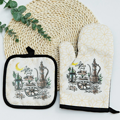 Eid Mubarak cepeškrāsns cimdu spilventiņš musulmaņu ramadāna mikroviļņu krāsns BBQ pretkarstuma izolācijas paklājiņš islāms cepšanai virtuves aksesuāri dekors