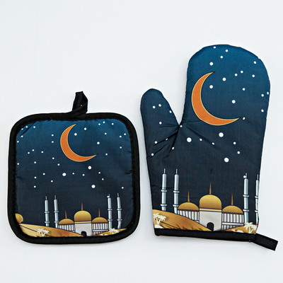 Eid Mubarak cepeškrāsns cimdu spilventiņš musulmaņu ramadāna mikroviļņu krāsns BBQ pretkarstuma izolācijas paklājiņš islāms cepšanai virtuves aksesuāri dekors