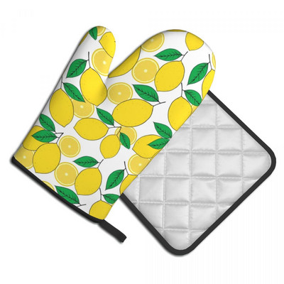 Lemon Print 2 бр. ръкавица Hot Pad Green Leaves Grill Air Fryer Термоустойчиви кухненски ръкавици Микровълнова фурна Комплект ръкавици за фурна