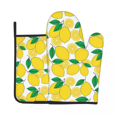 Citronu apdruka 2gab. Mitt Hot Pad Zaļās lapas Grils Gaisa Fryer Karstumizturīgs Virtuves cimdi Mikroviļņu krāsns Cepeškrāsns dūraiņu komplekts