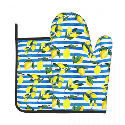 Citronu apdruka 2gab. Mitt Hot Pad Zaļās lapas Grils Gaisa Fryer Karstumizturīgs Virtuves cimdi Mikroviļņu krāsns Cepeškrāsns dūraiņu komplekts