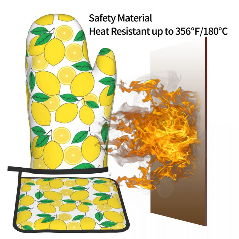 Citronu apdruka 2gab. Mitt Hot Pad Zaļās lapas Grils Gaisa Fryer Karstumizturīgs Virtuves cimdi Mikroviļņu krāsns Cepeškrāsns dūraiņu komplekts