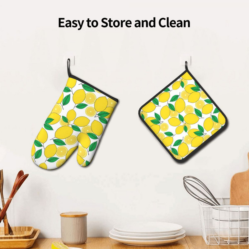 Citronu apdruka 2gab. Mitt Hot Pad Zaļās lapas Grils Gaisa Fryer Karstumizturīgs Virtuves cimdi Mikroviļņu krāsns Cepeškrāsns dūraiņu komplekts