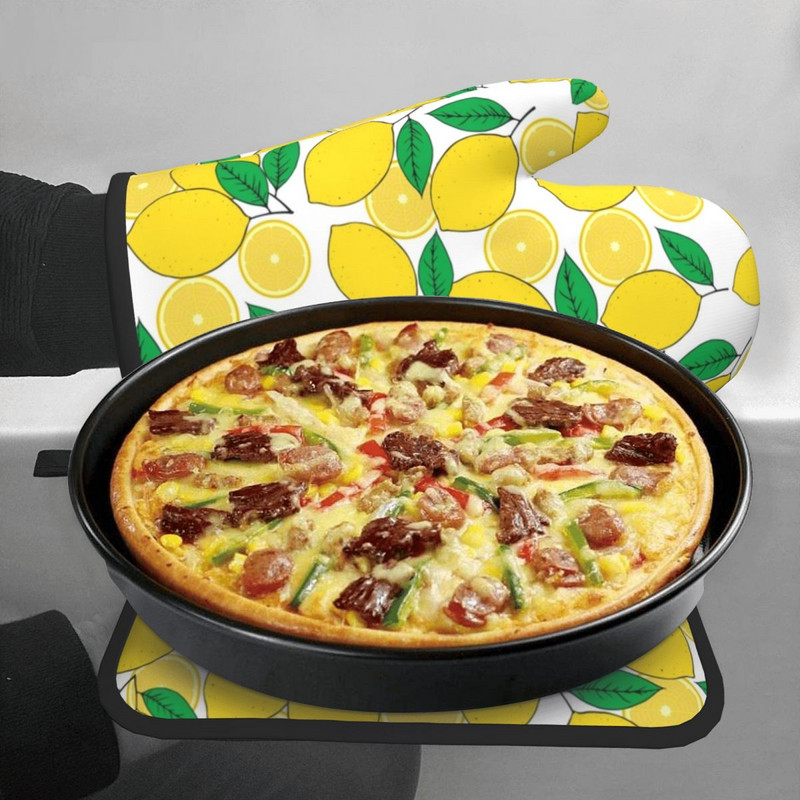 Citronu apdruka 2gab. Mitt Hot Pad Zaļās lapas Grils Gaisa Fryer Karstumizturīgs Virtuves cimdi Mikroviļņu krāsns Cepeškrāsns dūraiņu komplekts
