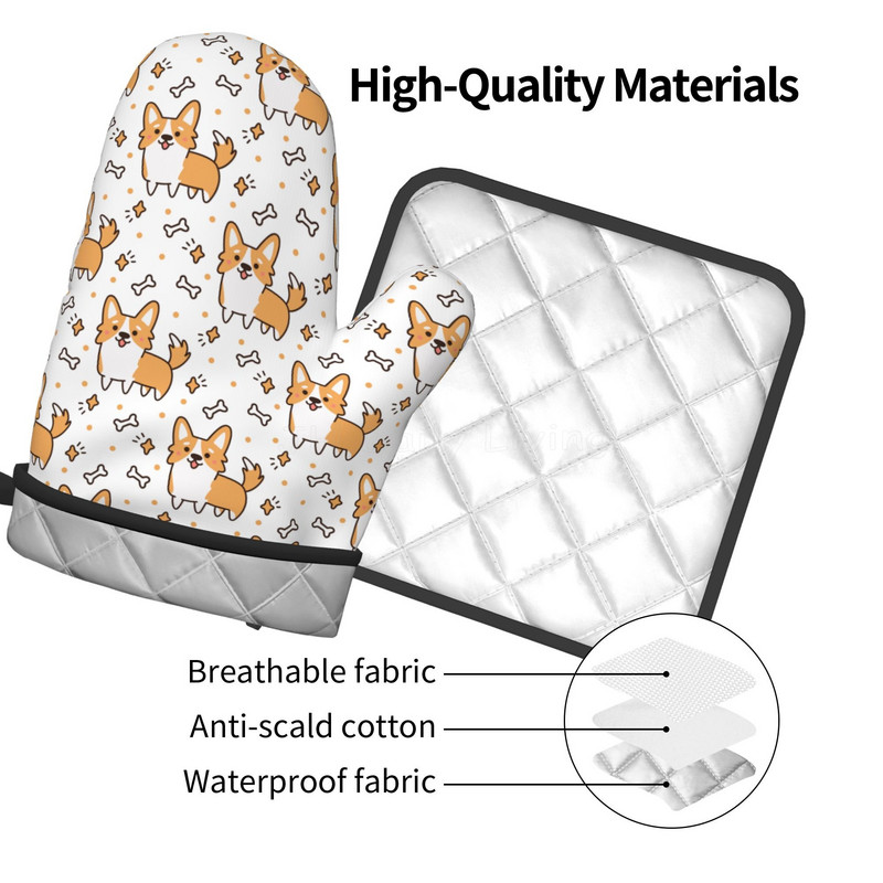 Kawaii Corgi karstumizturīgi cepeškrāsns dūraiņi un katlu turētāji, neslīdoši biezi virtuves mikroviļņu cimdi gatavošanai, cepšanai, grilēšanai