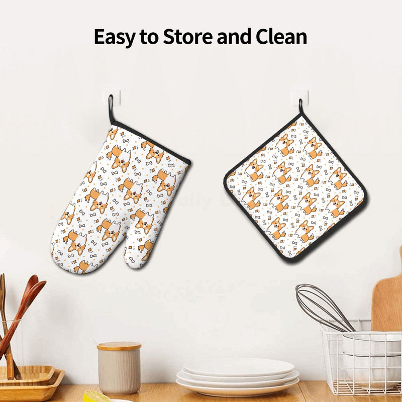 Kawaii Corgi karstumizturīgi cepeškrāsns dūraiņi un katlu turētāji, neslīdoši biezi virtuves mikroviļņu cimdi gatavošanai, cepšanai, grilēšanai