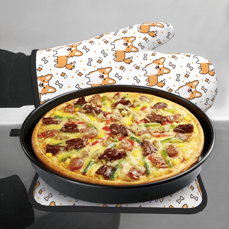 Kawaii Corgi karstumizturīgi cepeškrāsns dūraiņi un katlu turētāji, neslīdoši biezi virtuves mikroviļņu cimdi gatavošanai, cepšanai, grilēšanai