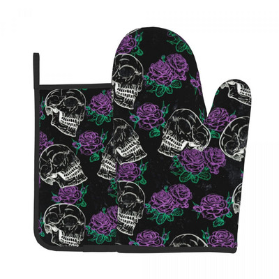 Krāsaini galvaskausi virtuves cimds Abstract Skull Print karstumizturīgs BBQ maizes dūrainis podiņa turētājs karstā cepeškrāsns bļodas dūraiņu komplekts