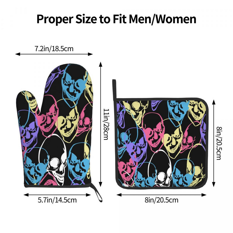 Krāsaini galvaskausi virtuves cimds Abstract Skull Print karstumizturīgs BBQ maizes dūrainis podiņa turētājs karstā cepeškrāsns bļodas dūraiņu komplekts