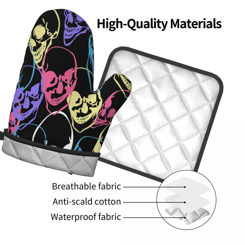 Krāsaini galvaskausi virtuves cimds Abstract Skull Print karstumizturīgs BBQ maizes dūrainis podiņa turētājs karstā cepeškrāsns bļodas dūraiņu komplekts