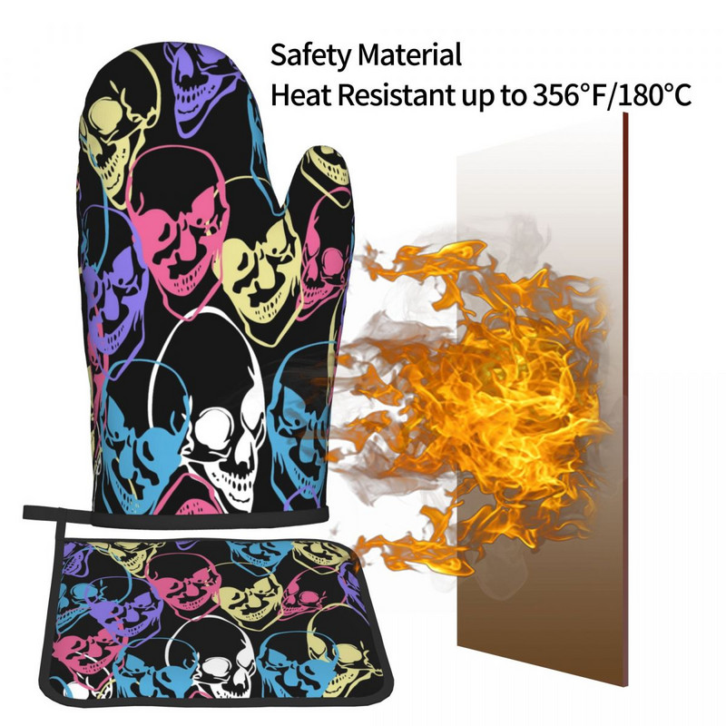 Krāsaini galvaskausi virtuves cimds Abstract Skull Print karstumizturīgs BBQ maizes dūrainis podiņa turētājs karstā cepeškrāsns bļodas dūraiņu komplekts