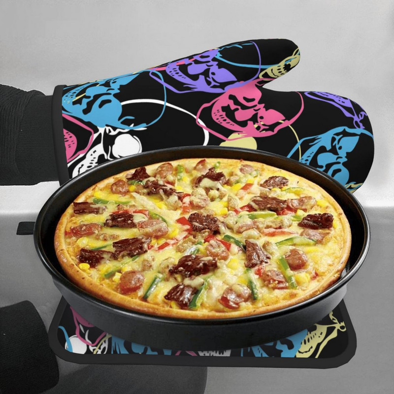 Krāsaini galvaskausi virtuves cimds Abstract Skull Print karstumizturīgs BBQ maizes dūrainis podiņa turētājs karstā cepeškrāsns bļodas dūraiņu komplekts