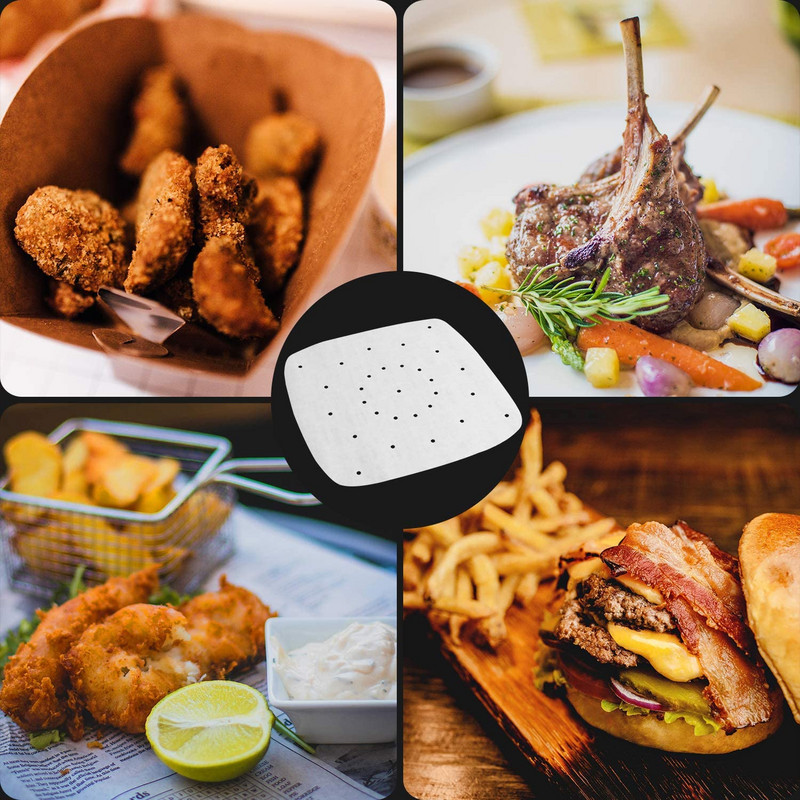 100 gab Air Fryer pergamenta papīra ieliktņi 9 collu cepampapīrs Kvadrātveida perforēts pergamenta papīrs tvaicētājiem kūkas pannas cepšanai cepeškrāsnī