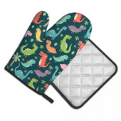 Mīlīgs krāsains dinozauru virtuves cimds Tyrannosaurus Rex dinozauru karstumizturīgs BBQ maizes cimdu turētājs karstā cepeškrāsns bļodas dūraiņu komplekts