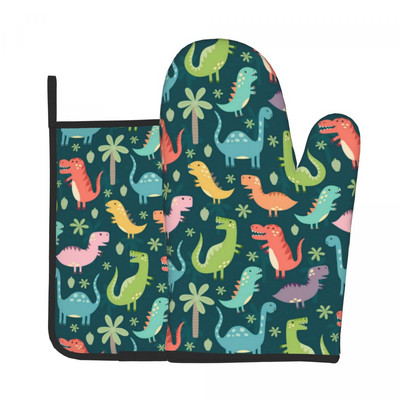 Mīlīgs krāsains dinozauru virtuves cimds Tyrannosaurus Rex dinozauru karstumizturīgs BBQ maizes cimdu turētājs karstā cepeškrāsns bļodas dūraiņu komplekts