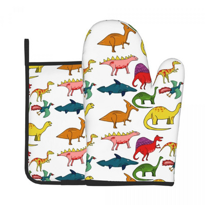 Mīlīgs krāsains dinozauru virtuves cimds Tyrannosaurus Rex dinozauru karstumizturīgs BBQ maizes cimdu turētājs karstā cepeškrāsns bļodas dūraiņu komplekts