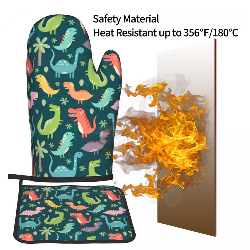 Mīlīgs krāsains dinozauru virtuves cimds Tyrannosaurus Rex dinozauru karstumizturīgs BBQ maizes cimdu turētājs karstā cepeškrāsns bļodas dūraiņu komplekts