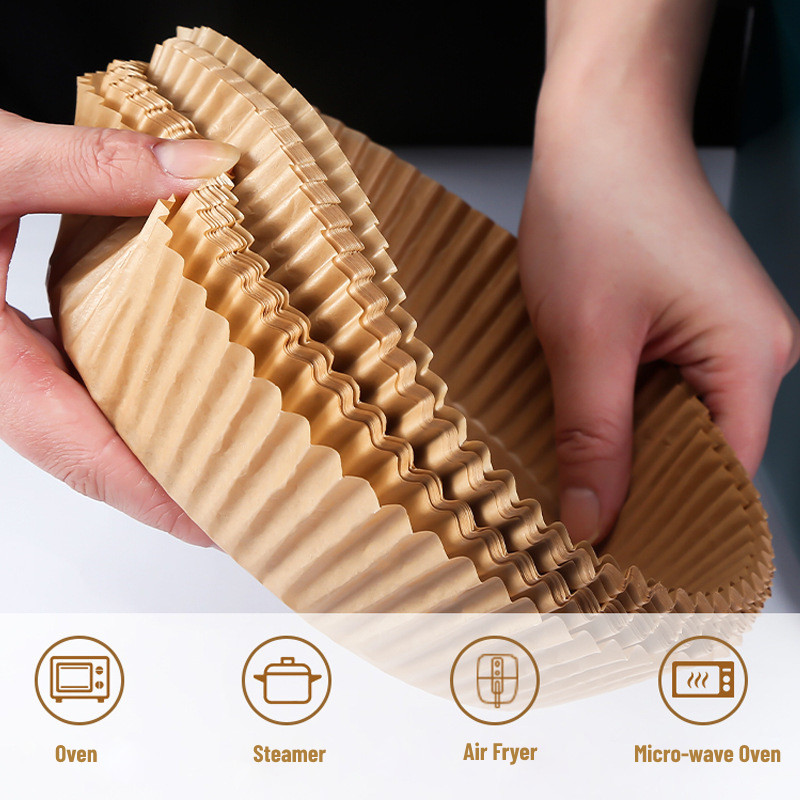 50 gab vienreizējās lietošanas gaisa cepšanas papīra čaulas 16 CM Eļļas necaurlaidīga ūdensnecaurlaidīga Airfryer Nepiedegoša vienreizējās gatavošanas papīra paplātes Cepamais papīrs