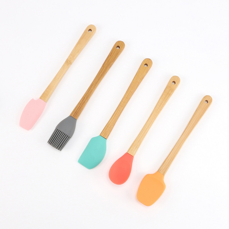Élelmiszer minőségű szilikon vajas főzéshez Többszínű mini spatula tortakrém olajecset bambusz nyelű sütőeszközök többcélú