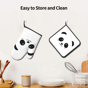 Γάντια κουζίνας Panda Bear Kawaii Heat Resist Grill Air Fryer Θήκη κατσαρόλας με γάντια Σετ γάντια φούρνου μικροκυμάτων