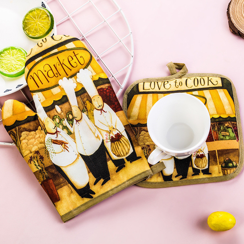 Cartoon Master Cepeškrāsns cimds Cimdu paliktnis šefpavārs mikroviļņu krāsns pretkarstuma izolācijas paklājiņš Retro BBQ virtuve Cepšanas rīki Aksesuāri Dekors