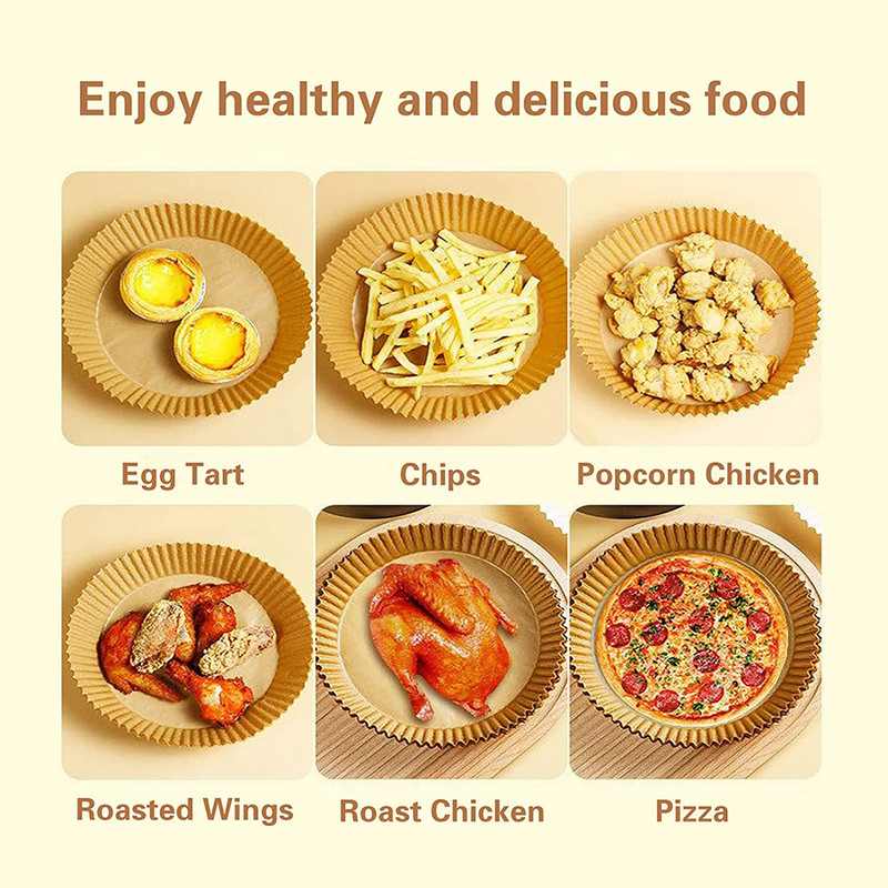 50 vnt. oro gruzdintuvės popierius vienkartinis Airfryer kepimo popieriaus įdėklas Nelipnus, aliejui atsparus orkaitės kepimo kilimėlis BBQ lėkštės virtuvės priedai