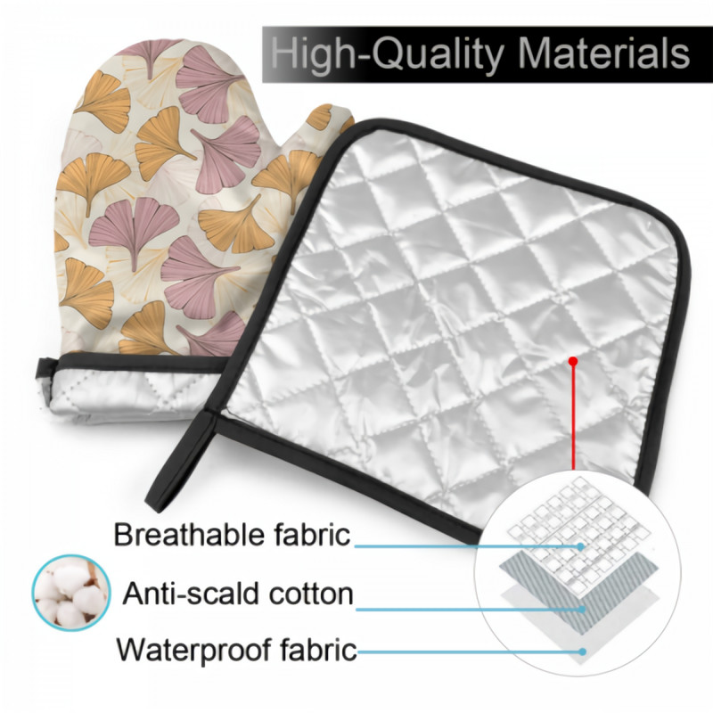 Aprikožu lapu cepeškrāsns dūraiņu un katlu turētāju komplekts karstumizturīgi, neslīdoši virtuves cimdi ar iekšējo kokvilnas slāni ēdiena gatavošanai un cepšanai