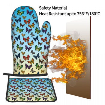 Кухненска ръкавица Multicolored Butterfly Sunrise Gradient Heat Resist Grill Air Fryer Mitten Držač за саксия Комплект ръкавици за микровълнова фурна