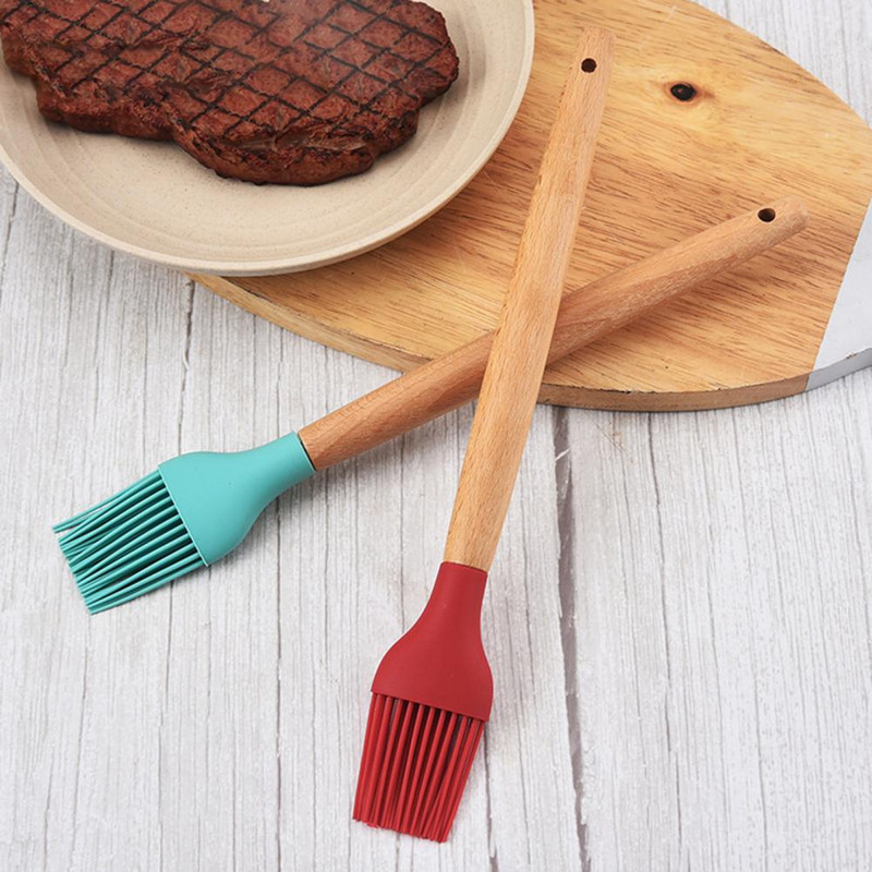 1 db szilikon BBQ olajos ráncos kefe fa nyelű sütemény kenyér krém kefék Sütő grill konyhai kiegészítők