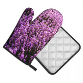 Skaisti pasteļtoņu lavandas virtuves cimdi purpursarkani miera ziedi, mikroviļņu krāsns, dūraiņa podiņa turētājs bārbekjū pretkarstuma dūraiņu komplekts