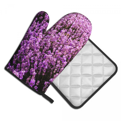 Pretty Pastel Lavandă Mănușă de bucătărie Mov Pace Floare Cuptor cu microunde Mănuși pentru oală Suport pentru grătar Set mănuși anti-încălzire