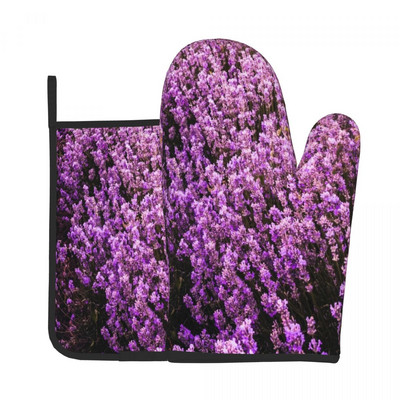 Skaisti pasteļtoņu lavandas virtuves cimdi purpursarkani miera ziedi, mikroviļņu krāsns, dūraiņa podiņa turētājs bārbekjū pretkarstuma dūraiņu komplekts