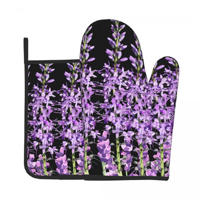 Skaisti pasteļtoņu lavandas virtuves cimdi purpursarkani miera ziedi, mikroviļņu krāsns, dūraiņa podiņa turētājs bārbekjū pretkarstuma dūraiņu komplekts