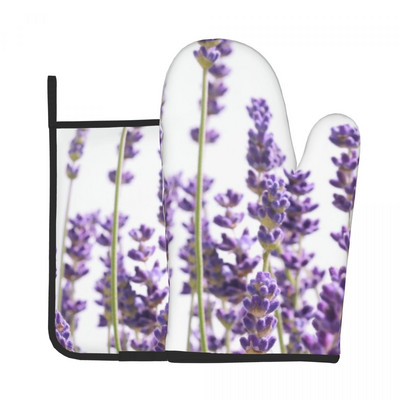 Skaisti pasteļtoņu lavandas virtuves cimdi purpursarkani miera ziedi, mikroviļņu krāsns, dūraiņa podiņa turētājs bārbekjū pretkarstuma dūraiņu komplekts