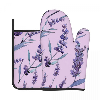 Skaisti pasteļtoņu lavandas virtuves cimdi purpursarkani miera ziedi, mikroviļņu krāsns, dūraiņa podiņa turētājs bārbekjū pretkarstuma dūraiņu komplekts