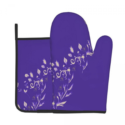 Skaisti pasteļtoņu lavandas virtuves cimdi purpursarkani miera ziedi, mikroviļņu krāsns, dūraiņa podiņa turētājs bārbekjū pretkarstuma dūraiņu komplekts