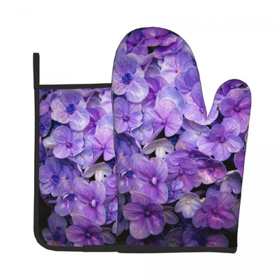 Skaisti pasteļtoņu lavandas virtuves cimdi purpursarkani miera ziedi, mikroviļņu krāsns, dūraiņa podiņa turētājs bārbekjū pretkarstuma dūraiņu komplekts