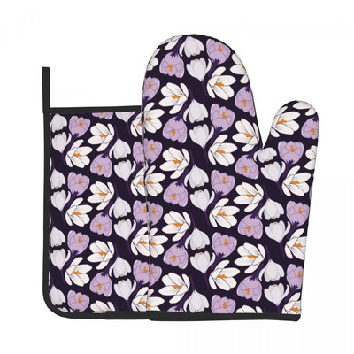 Skaisti pasteļtoņu lavandas virtuves cimdi purpursarkani miera ziedi, mikroviļņu krāsns, dūraiņa podiņa turētājs bārbekjū pretkarstuma dūraiņu komplekts