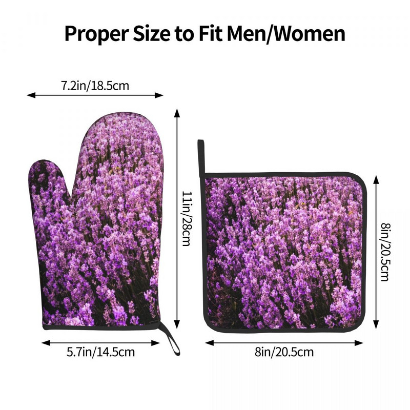 Skaisti pasteļtoņu lavandas virtuves cimdi purpursarkani miera ziedi, mikroviļņu krāsns, dūraiņa podiņa turētājs bārbekjū pretkarstuma dūraiņu komplekts