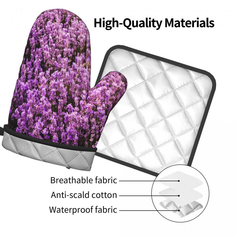 Skaisti pasteļtoņu lavandas virtuves cimdi purpursarkani miera ziedi, mikroviļņu krāsns, dūraiņa podiņa turētājs bārbekjū pretkarstuma dūraiņu komplekts