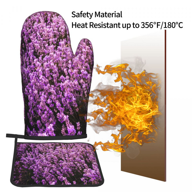 Skaisti pasteļtoņu lavandas virtuves cimdi purpursarkani miera ziedi, mikroviļņu krāsns, dūraiņa podiņa turētājs bārbekjū pretkarstuma dūraiņu komplekts