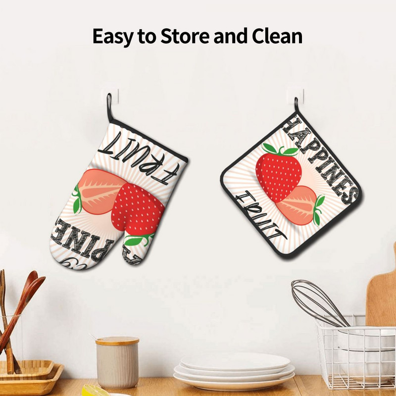 My Happiness Fruit 2gab Mitt Hot Pad Fresh Strawberry Barbecue karstumizturīgi virtuves cimdi karsti cepeškrāsns bļoda cepeškrāsns dūraiņu komplekts