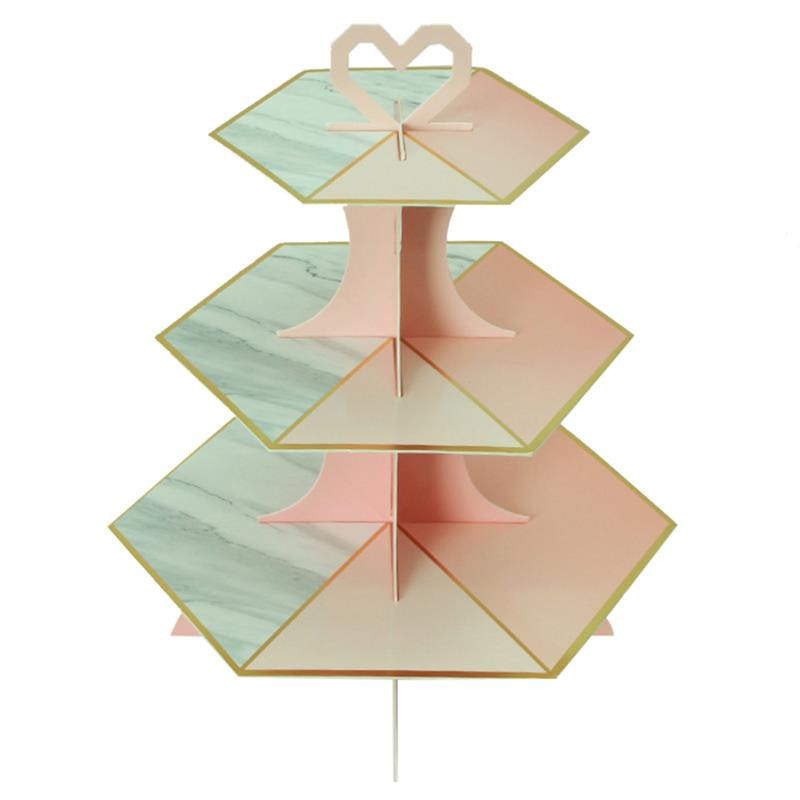 Daudzkrāsains trīsslāņu kūku statīvs augļu deserts konfekšu kūciņa pašpalīdzības displeja paplātes noformējums kāzu dzimšanas dienas svinībām