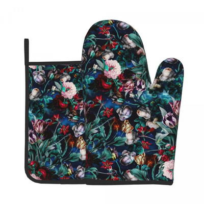 Vintage ziedu virtuves cimdu nakts mežs grafiska cepšana gatavošana dūraiņa katla turētājs bārbekjū izolācijas dūraiņu komplekts