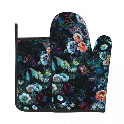 Vintage ziedu virtuves cimdu nakts mežs grafiska cepšana gatavošana dūraiņa katla turētājs bārbekjū izolācijas dūraiņu komplekts