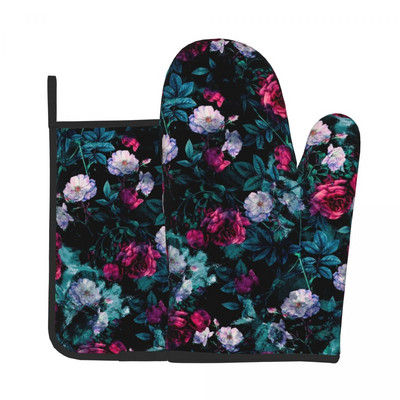 Vintage ziedu virtuves cimdu nakts mežs grafiska cepšana gatavošana dūraiņa katla turētājs bārbekjū izolācijas dūraiņu komplekts