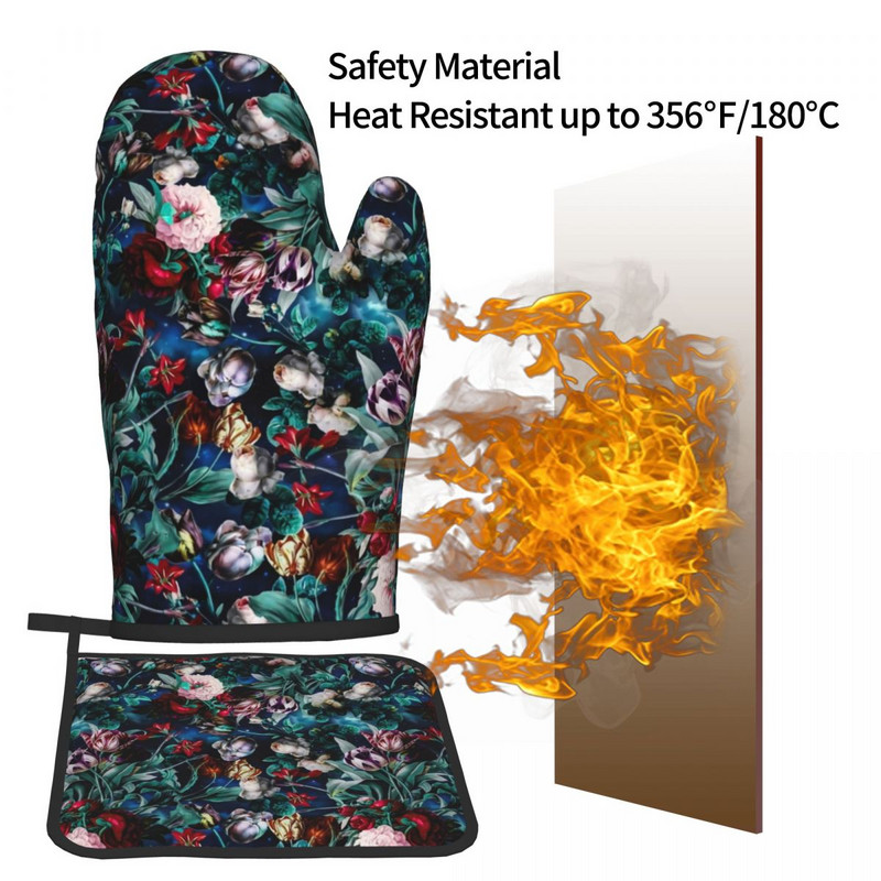 Vintage ziedu virtuves cimdu nakts mežs grafiska cepšana gatavošana dūraiņa katla turētājs bārbekjū izolācijas dūraiņu komplekts