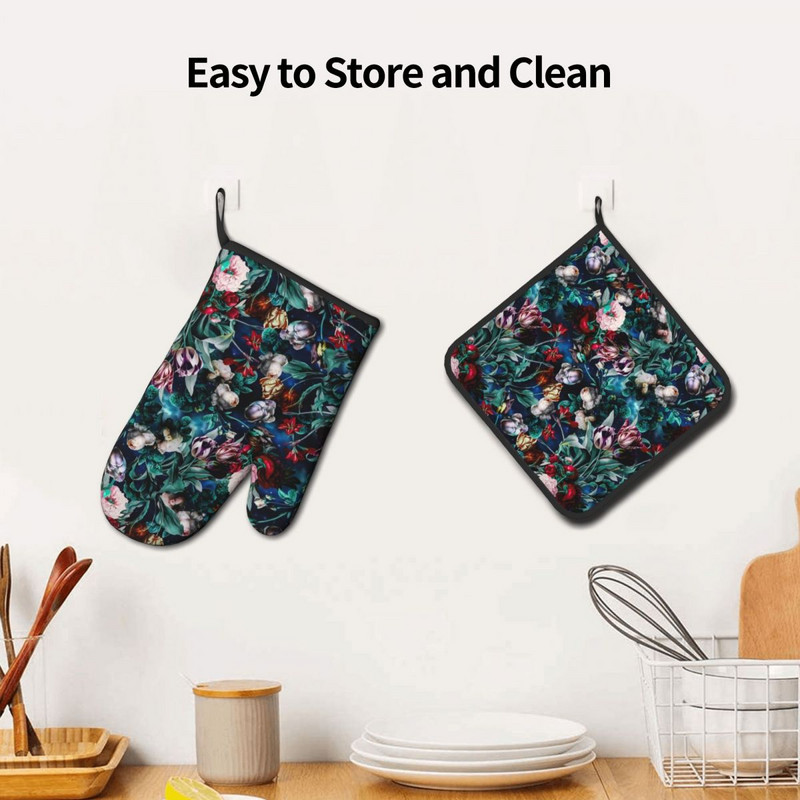 Vintage ziedu virtuves cimdu nakts mežs grafiska cepšana gatavošana dūraiņa katla turētājs bārbekjū izolācijas dūraiņu komplekts